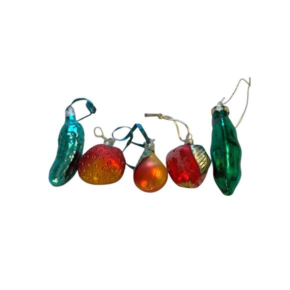 5 Vegetable Fruit Christmas Ornament Inge Mercury Glass Apple Pear Pea Pickle - Picture 2 of 6